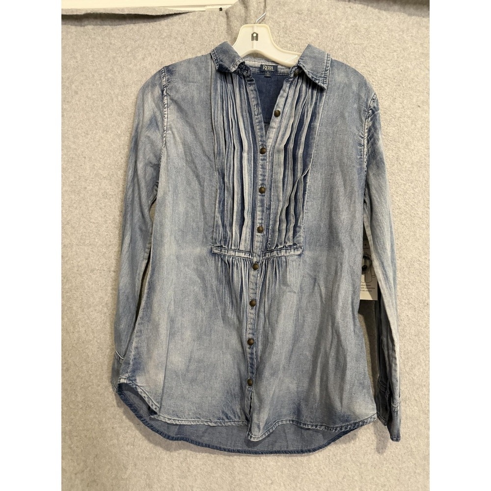 Reba Button Up Shirt Womens S Blue Denim Pintuck Roll Tab Long Sleeve Tunic Top